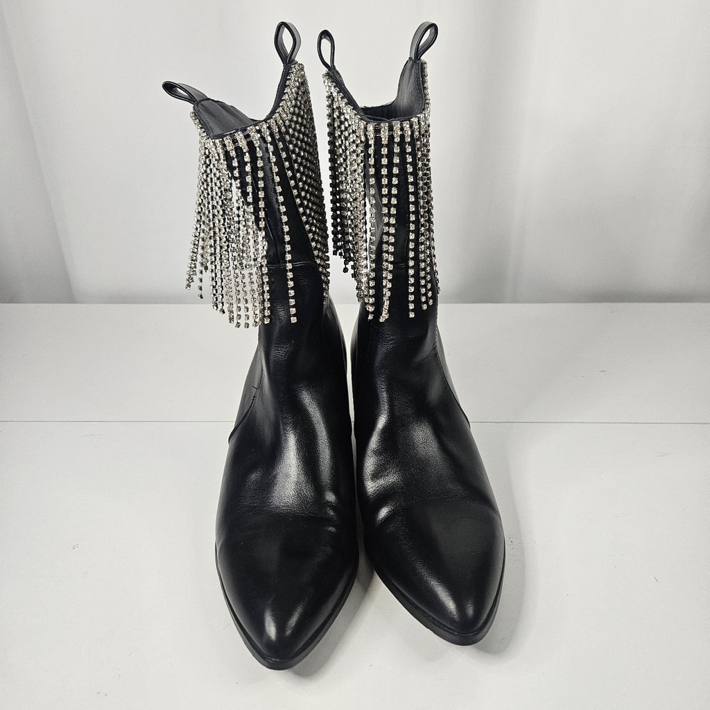 Embellished Rhinestone Fringe Black Edgy Western Boots 8.5 M Cowgirl Rodeo Glam