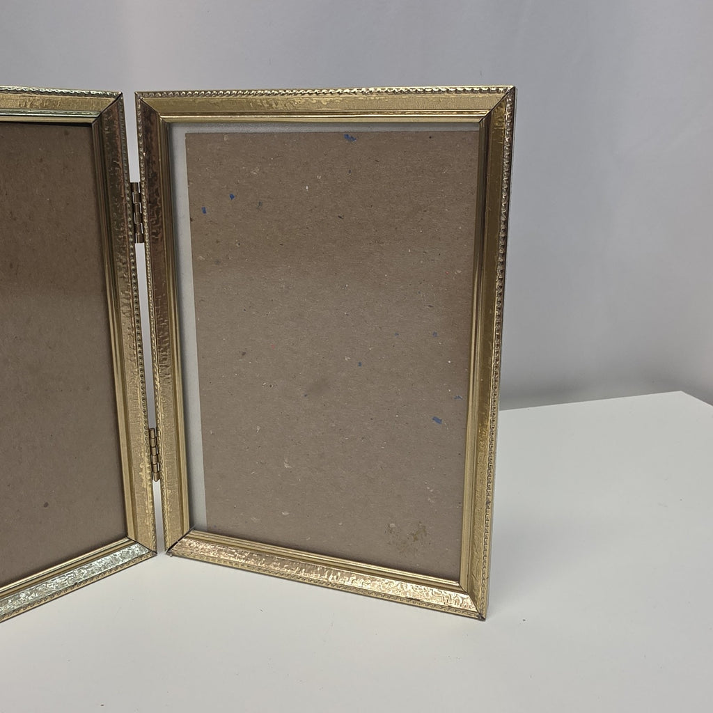Vintage 80s Gold Tone Bi-fold Picture Frame Double 5x7" Glass Table Top