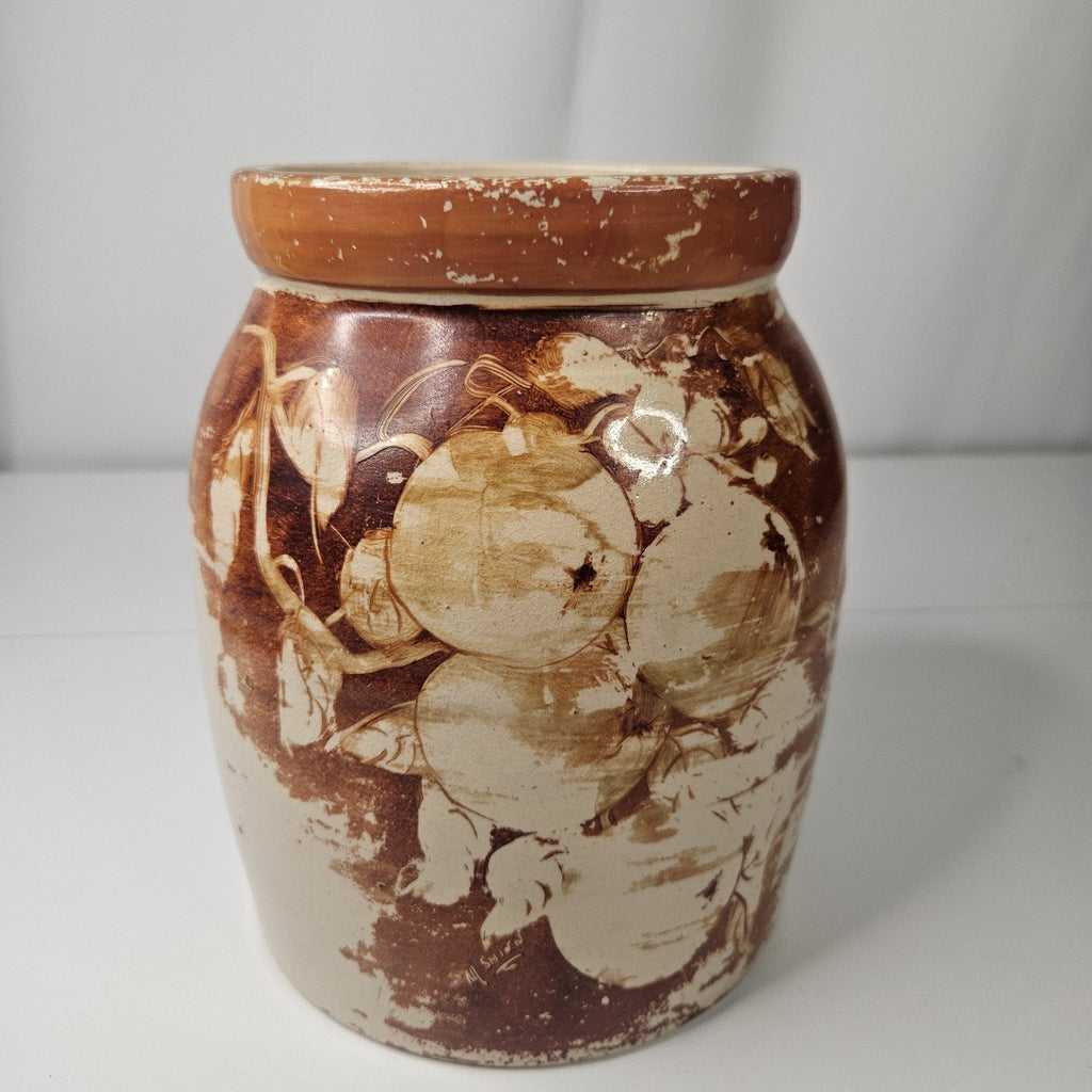 Vintage Glazed Pottery Abstract Fruit Print Cookie Jar Retro Kitchen Storage