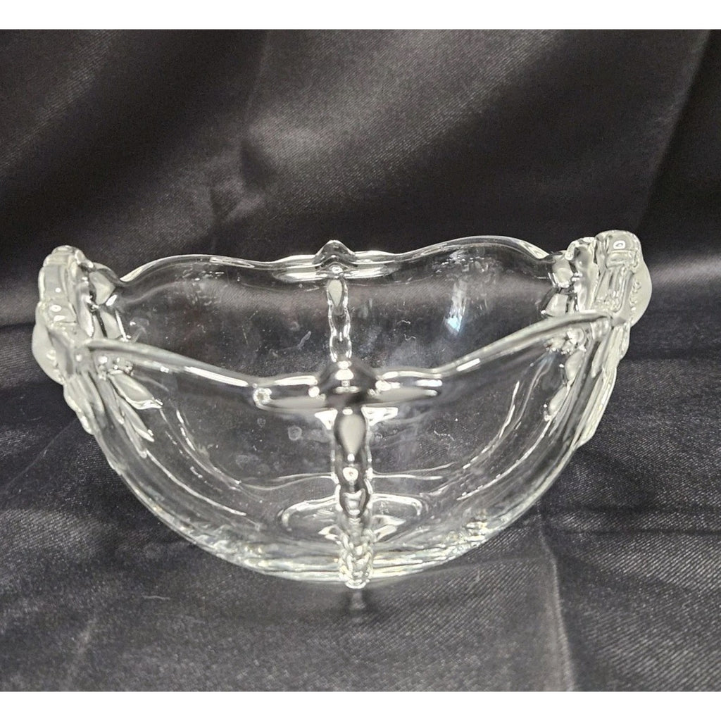 Vintage Clear Glass Etched Leaves Flowers Bowl Retro Candy Dish Ring Bowl 6"x3"