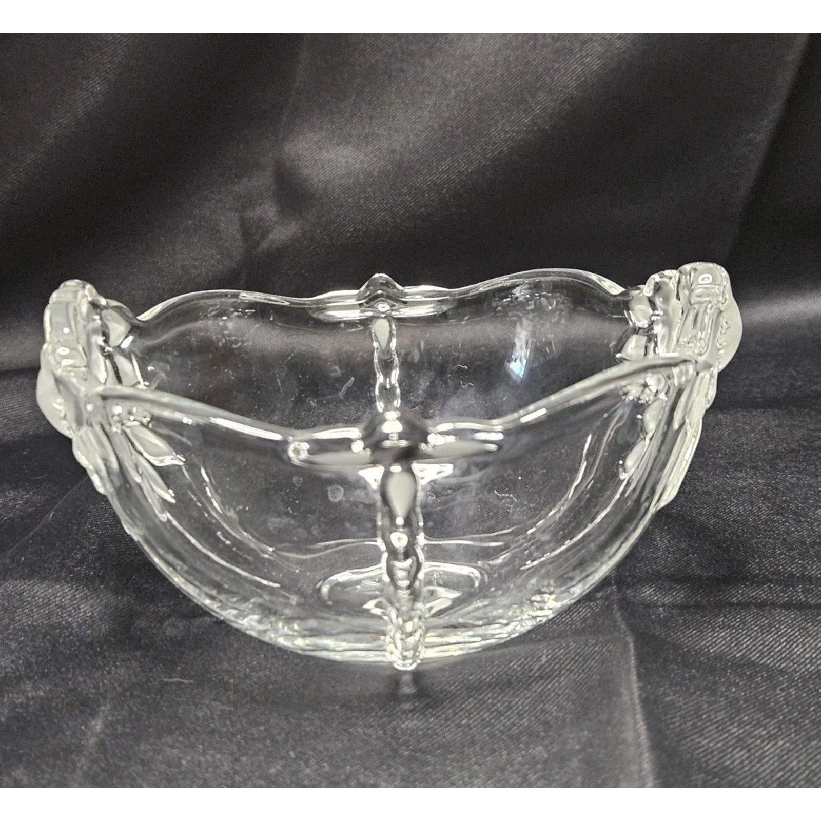 Vintage Clear Glass Etched Leaves Flowers Bowl Retro Candy Dish Ring Bowl 6"x3"