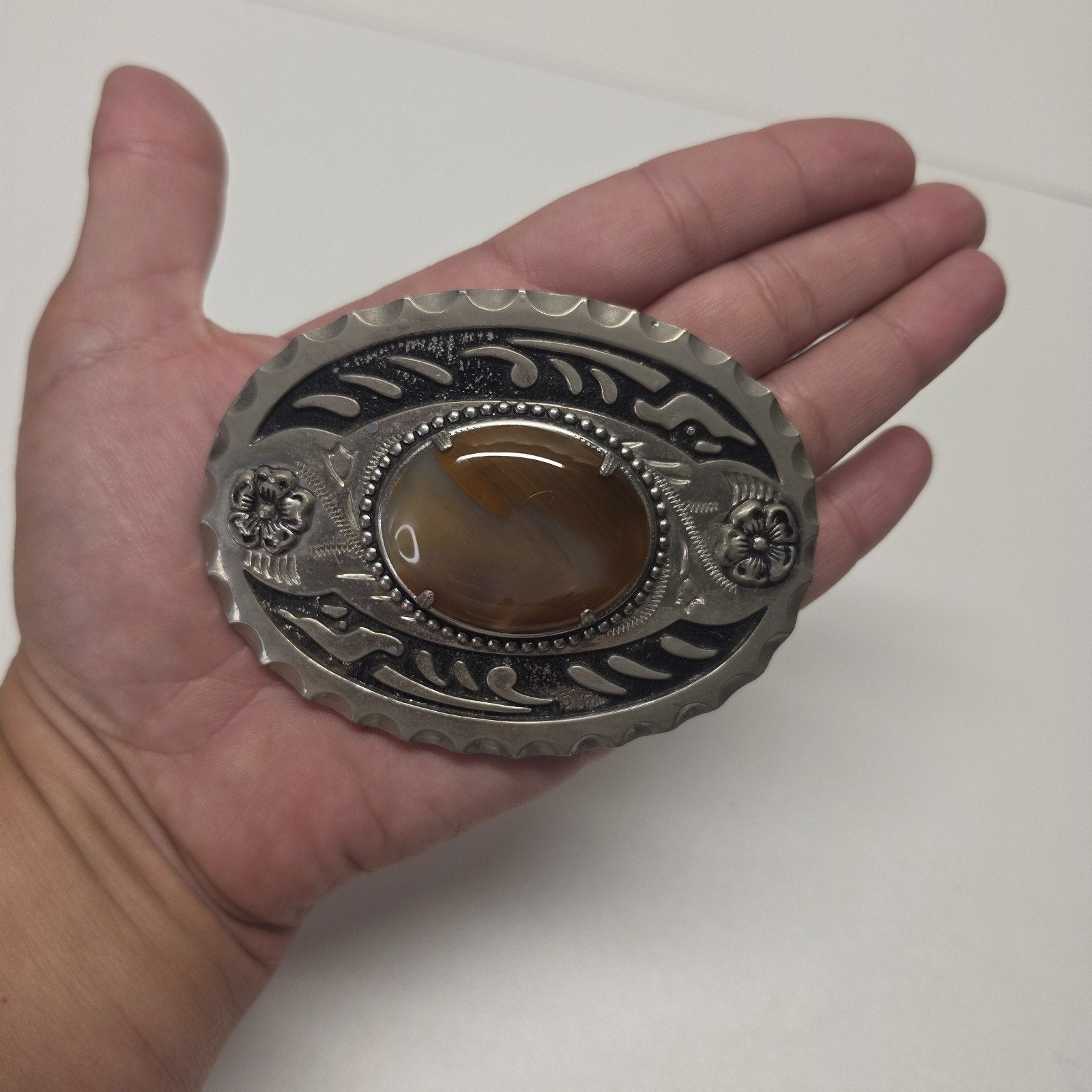 Vintage Western Belt Buckle Oval Silver Tone Brown Agate Stone Cowboy Equestrian