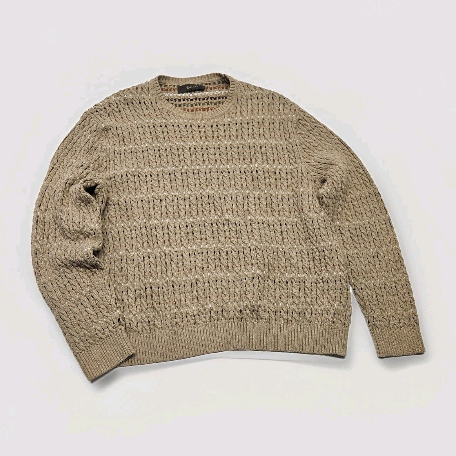 Vtg 100% Cotton Knit Pull Over Sweater Unisex XL Tan Minimalist Preppy Grandpa