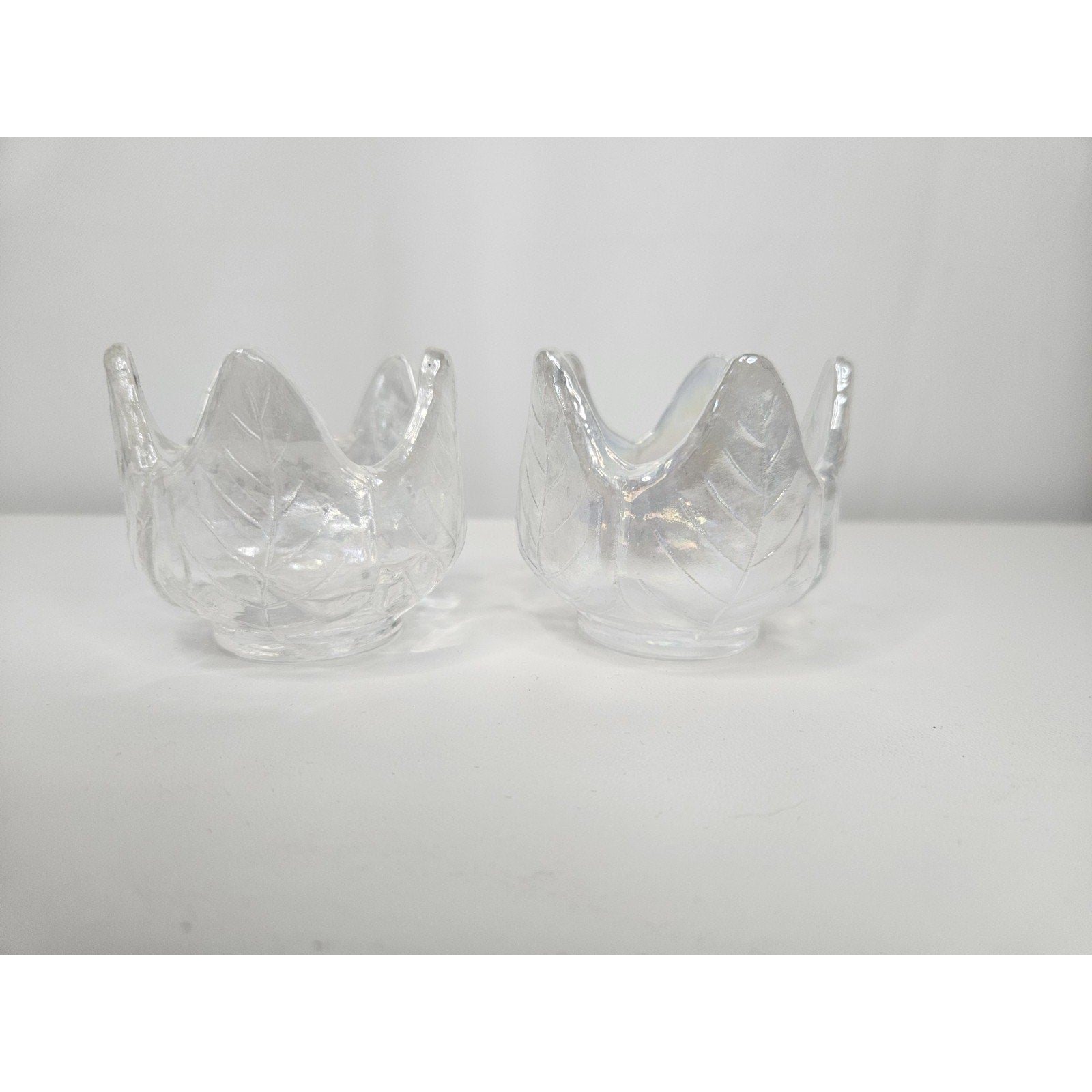 Iridescent Glass Tulip Votives Gorgeous White Vintage Candle Holders Pair 2"x2"