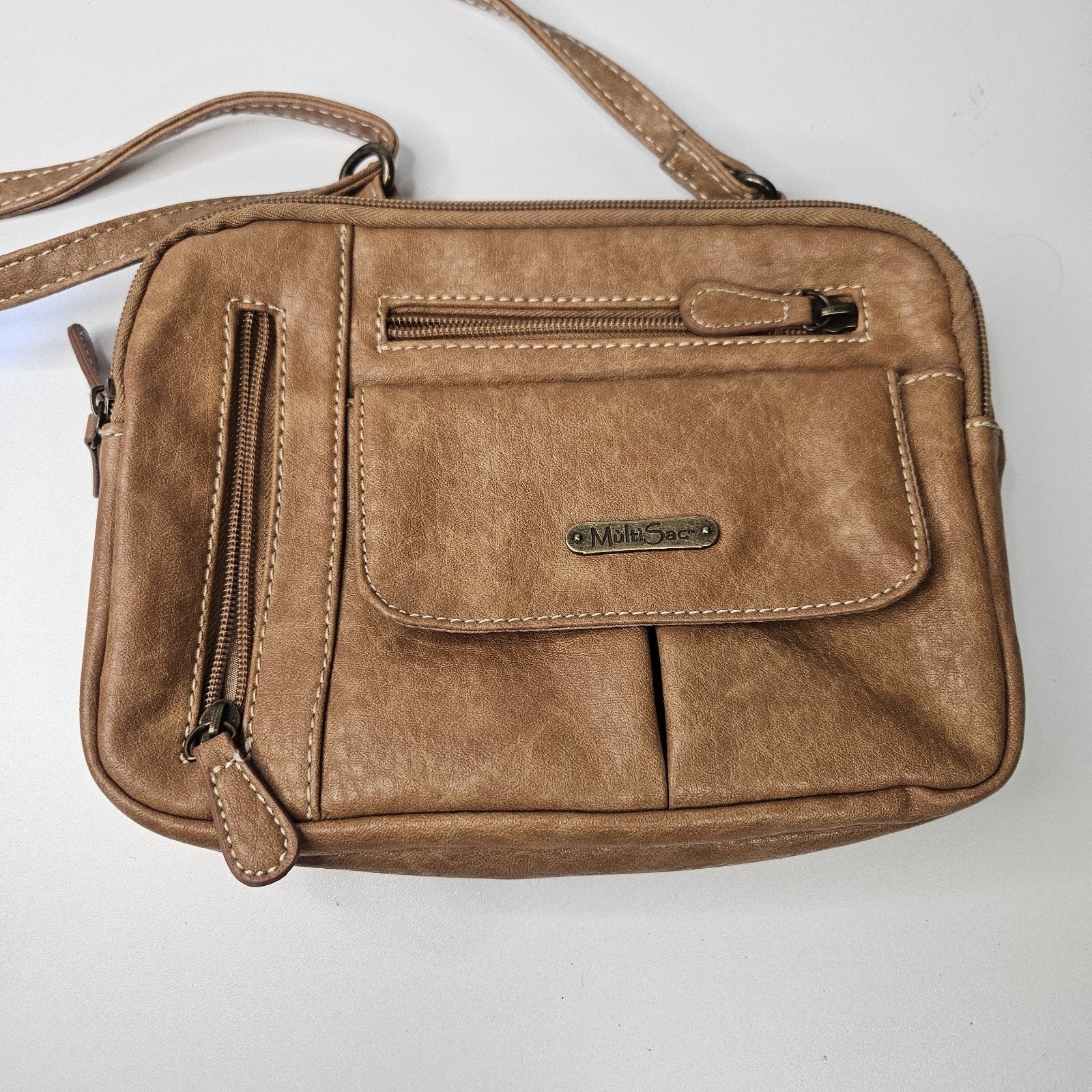 MultiSac Tan Zippered Triple Compartment Crossbody Bag Travel Everyday Purse