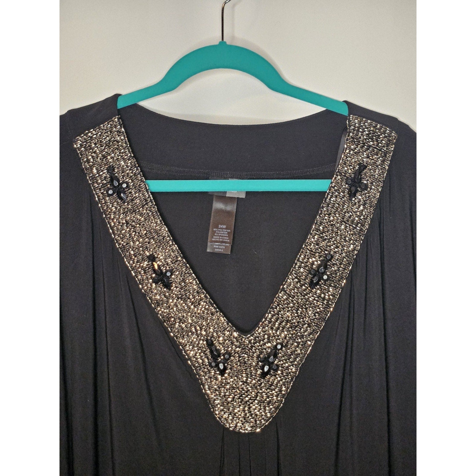 Bisou Bisou Woman Dress 24W Black Beaded Long-sleeve V Neck Pullover Party Dress