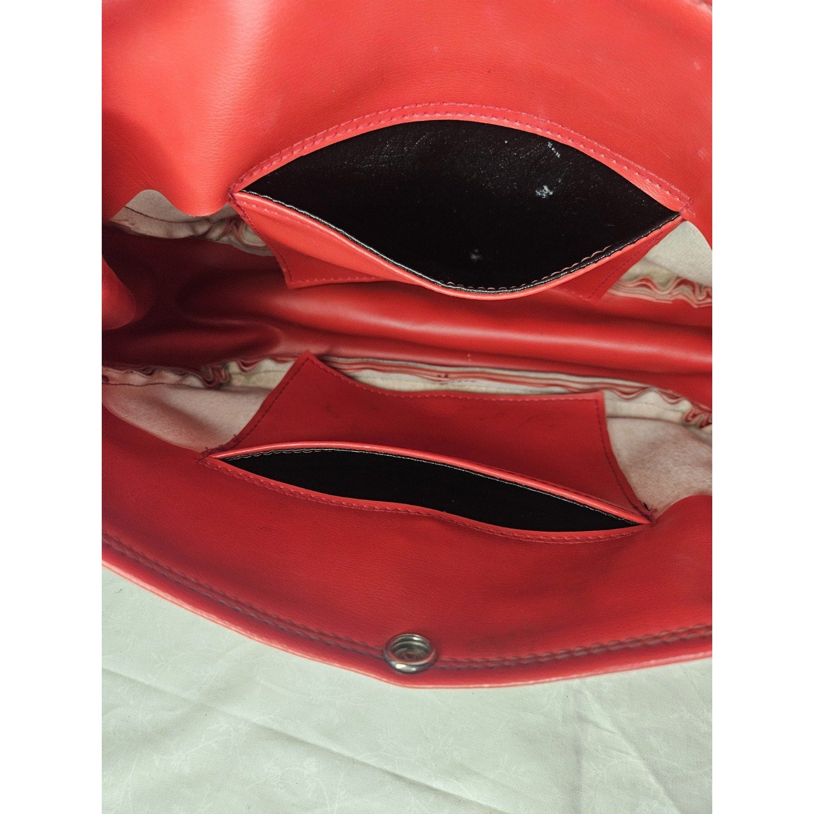 Vintage 70s Handmade Red Leather Tote Handbag Purse Shoulder Bag Classic