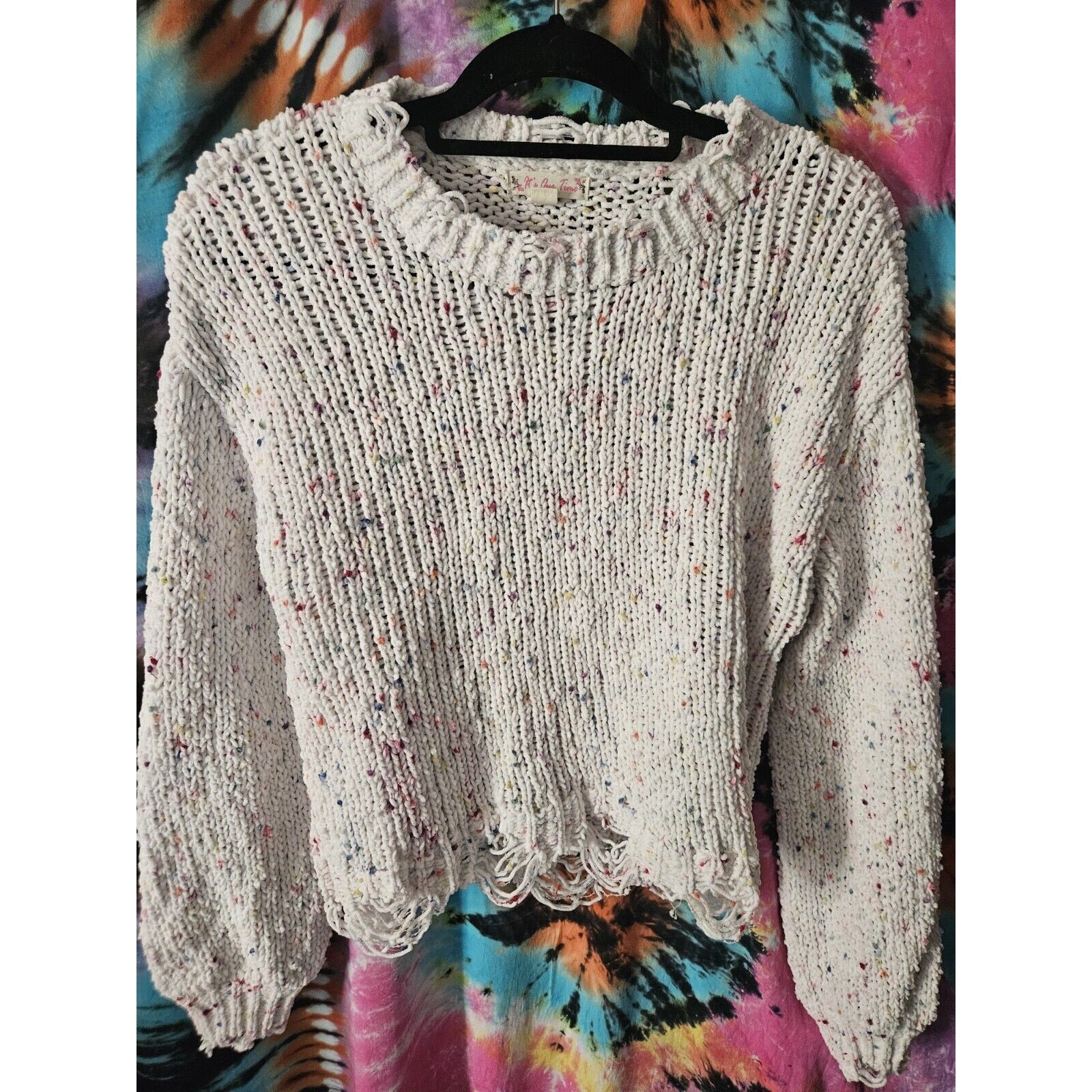 It's Our Time White Confetti Distressed Crop Sweater Medium Soft Chunky Knit
