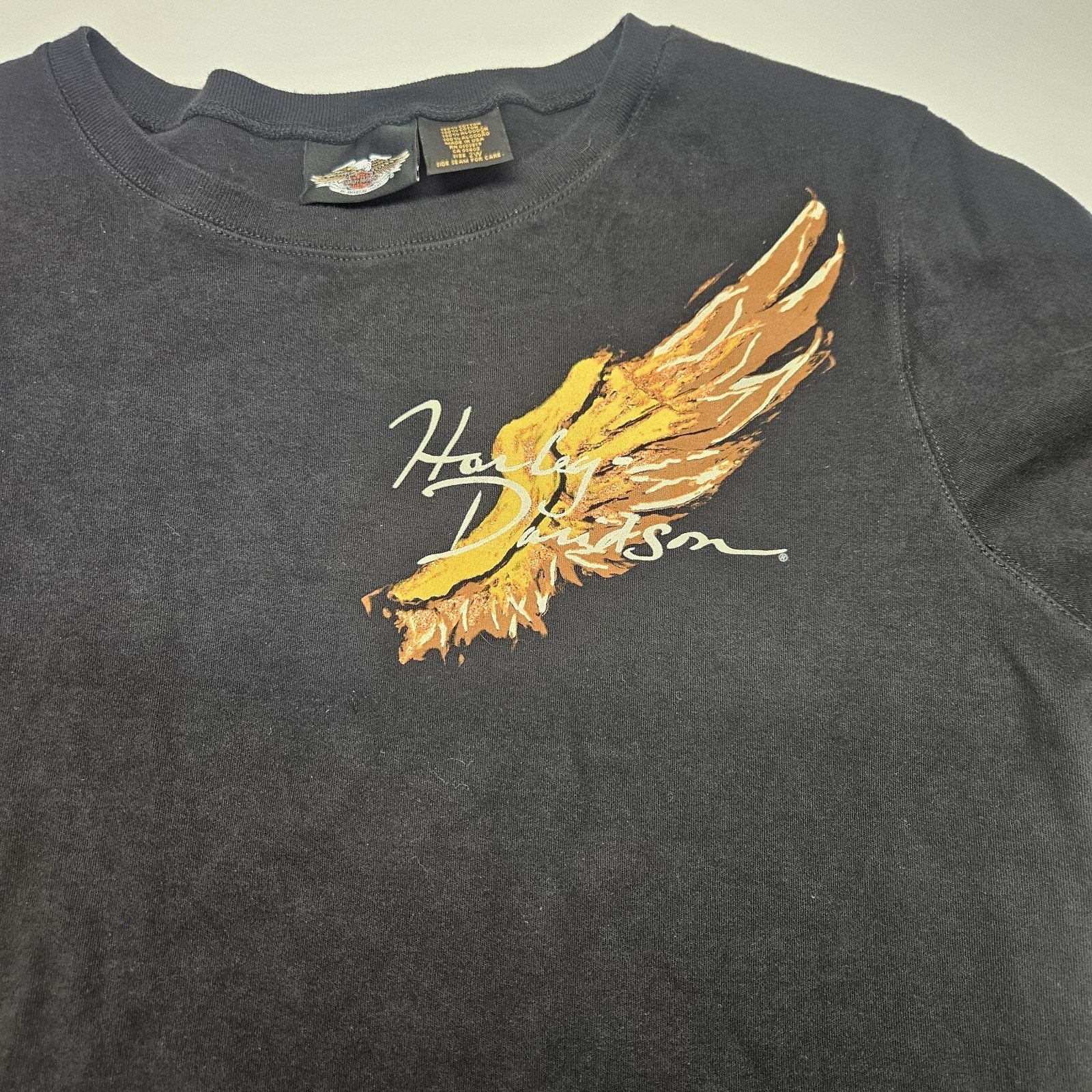 Vtg Y2K Harley Davidson Angel Wing Emblem Black Crop Top T Shirt Plus Size 2X