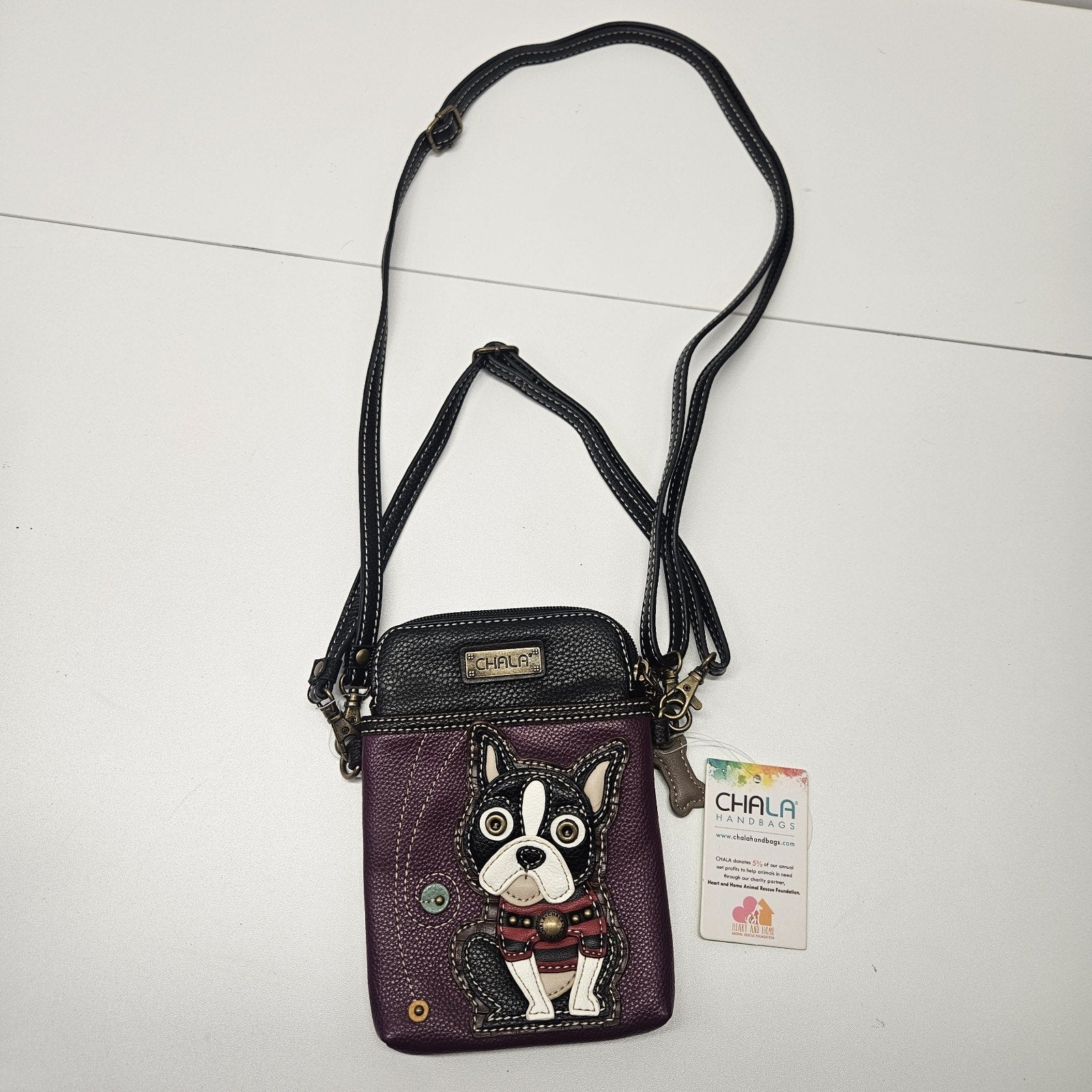 Nwt CHALA Frenchie Cell Phone Crossbody Bag w 2 Adj. Straps Purple Black
