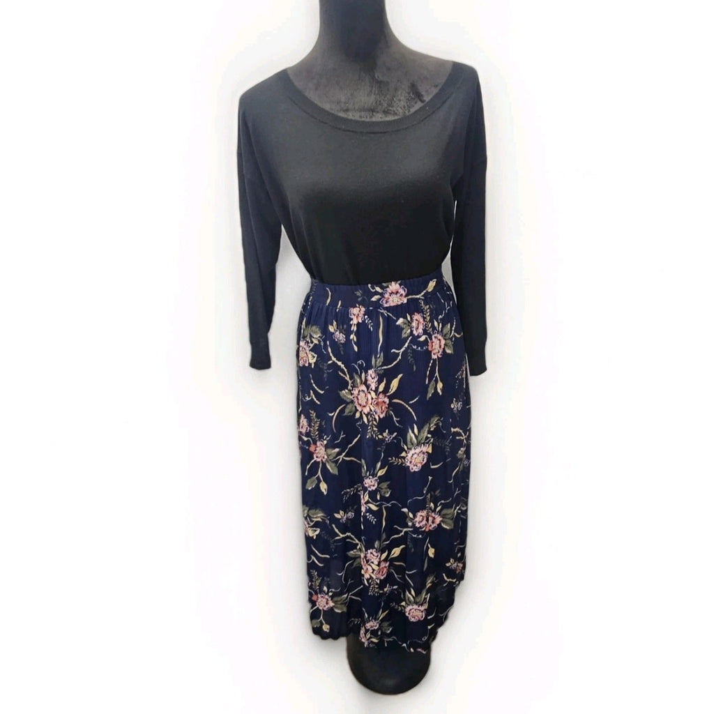 Sag Harbor Woman Navy Floral Crinkle Pleated Skirt Elastic Waist Sheer Sz Large