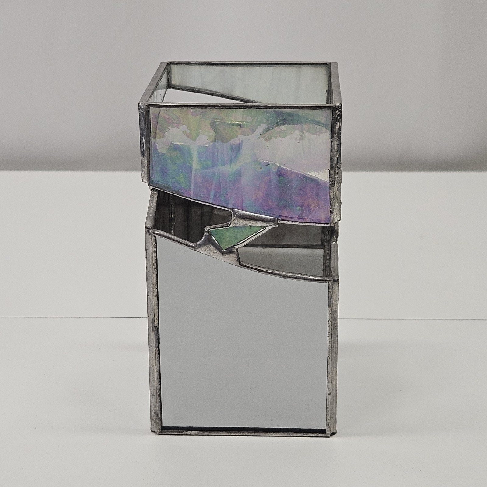 Vintage Leaded Beveled Stained Glass Candle Holder Votive Open Bottom Abstract