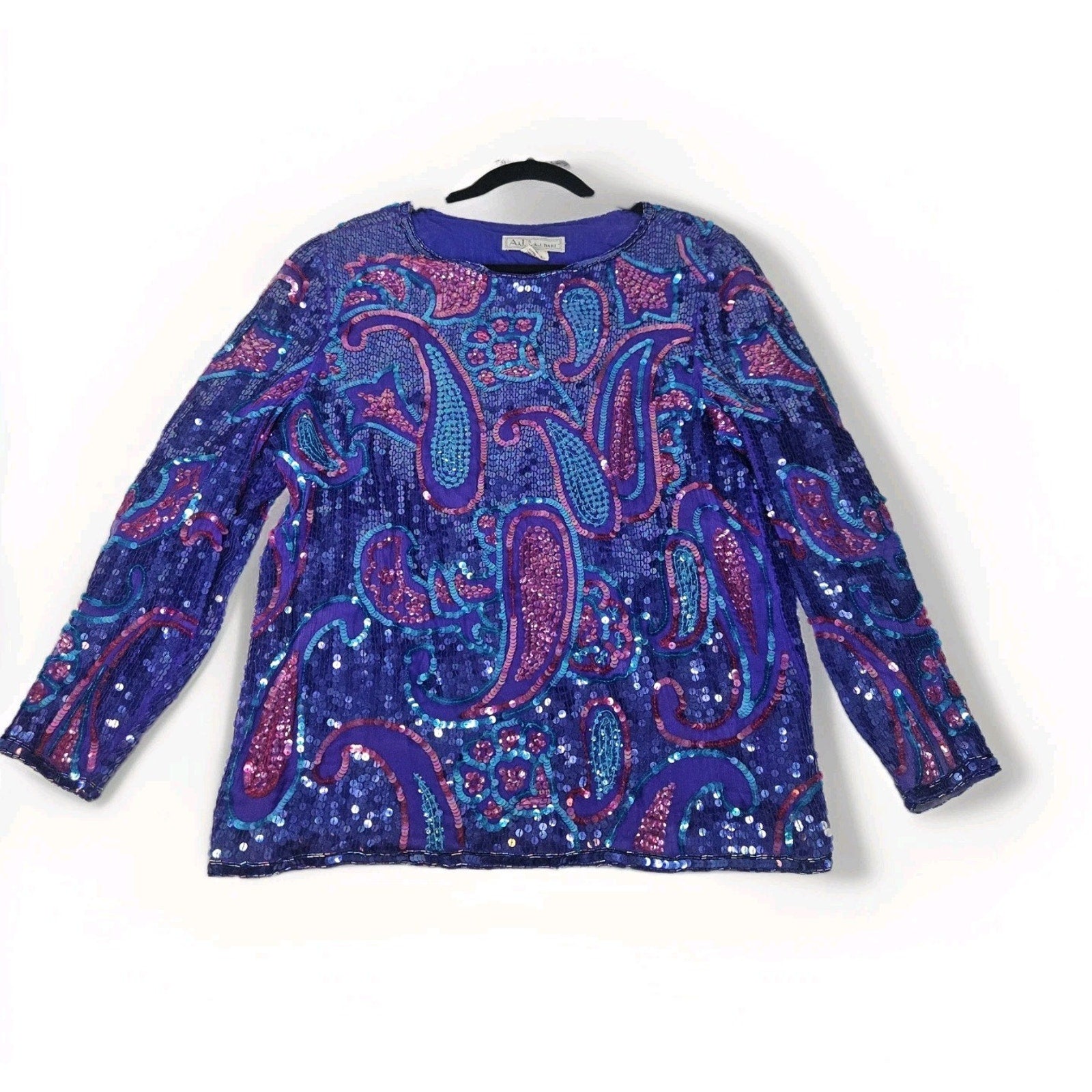 Sequin Beaded Silk Top 90s Blue Long-Sleeve Blouse Gatsby Glam Party Large