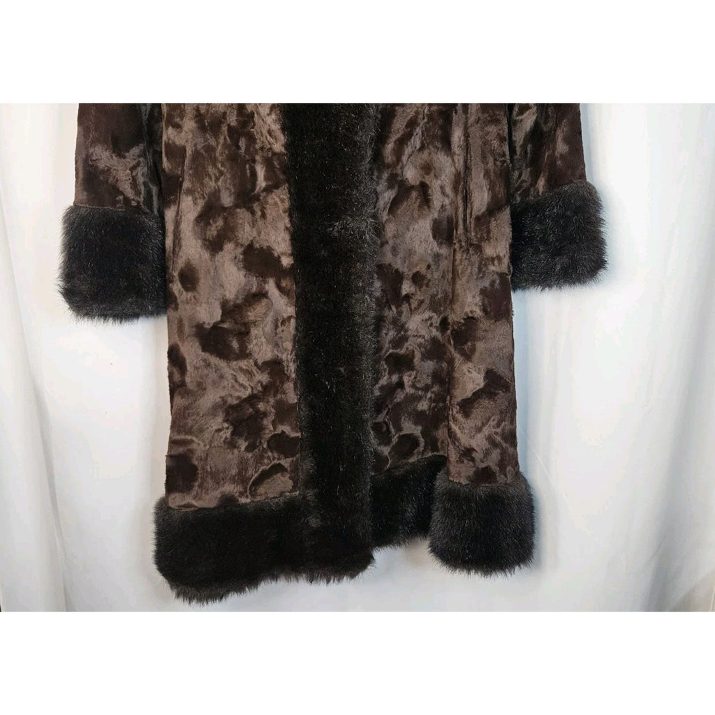 Vintage Union Made Faux Fur Coat Chocolate Brown Mod Full Length Size Small Glam