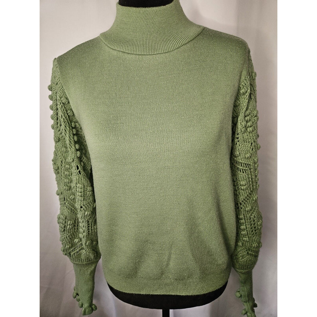 AQE Fashion Turtleneck Balloon Lace Sleeve Sweater Green Boho Fairy Small