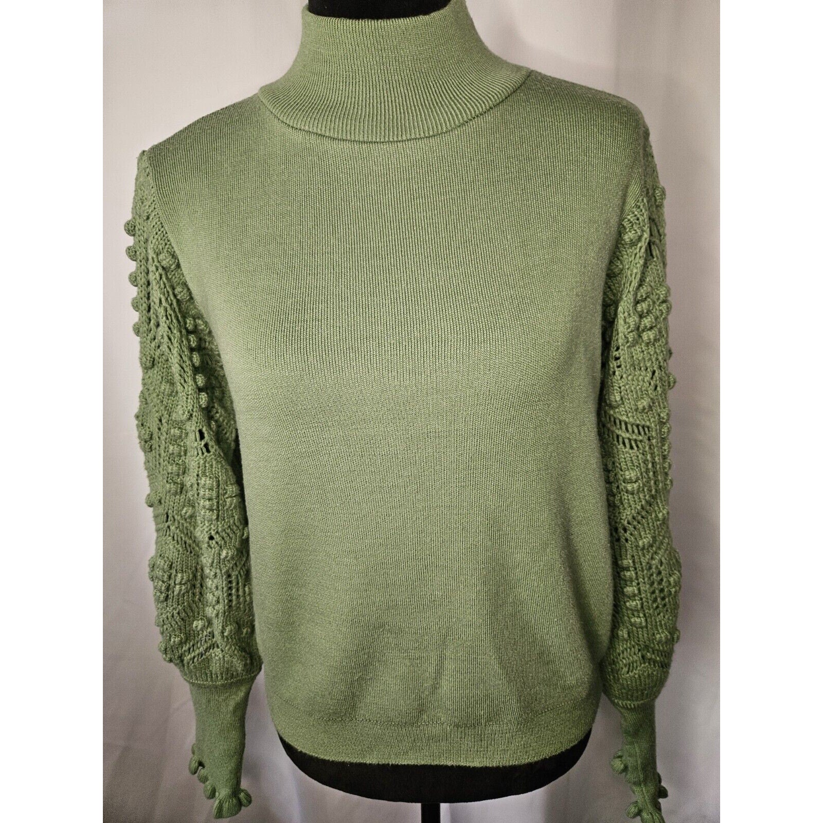 AQE Fashion Turtleneck Balloon Lace Sleeve Sweater Green Boho Fairy Small