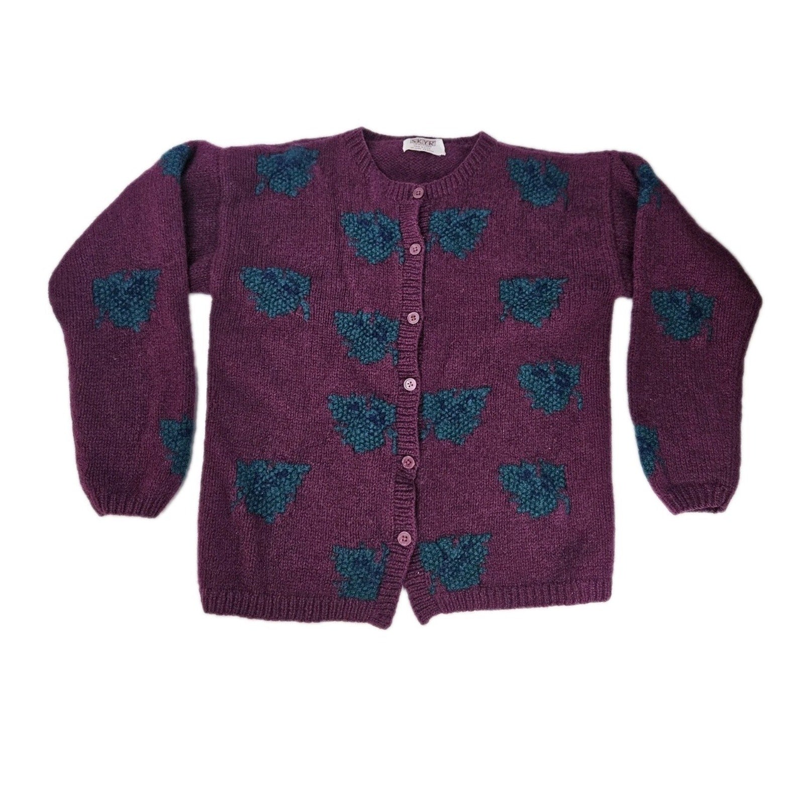 90s Skyr Purple Wool Cardigan Chunky Knit Sweater Autumn Large Cottage Granny