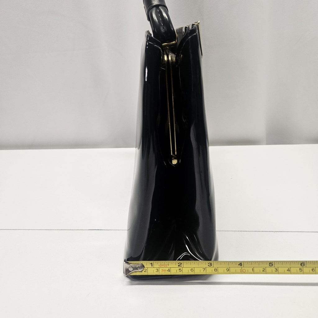 Vtg 1960s MCM Cara Shiny Black Patent Leather Bag Gold & Silver Trim Top Handles