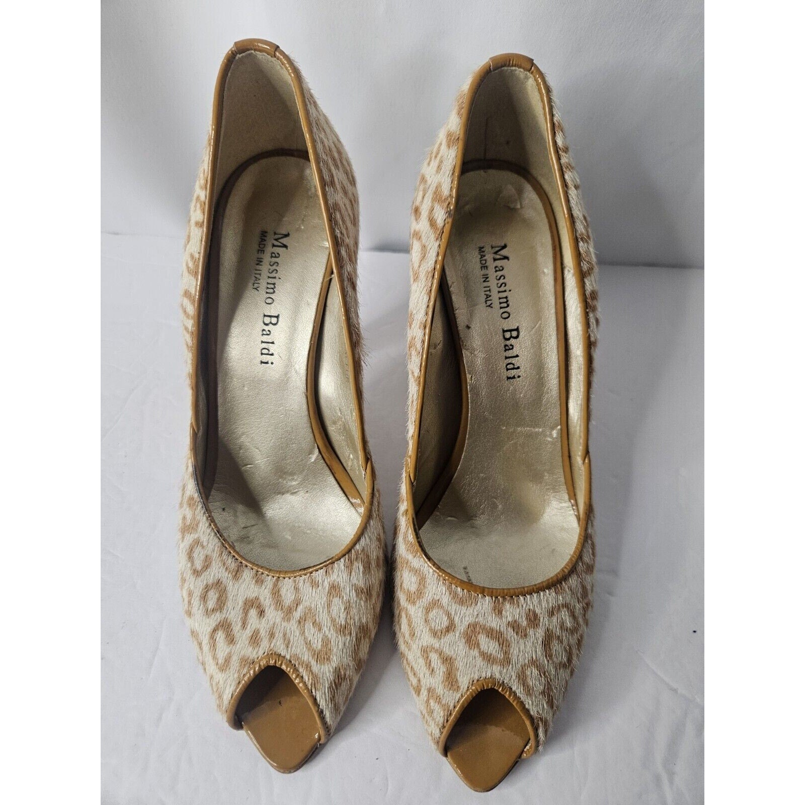 EUC Massimo Baldi Leopard Print Haircalf Peep Toe High Heel Italian Pumps Sz 7