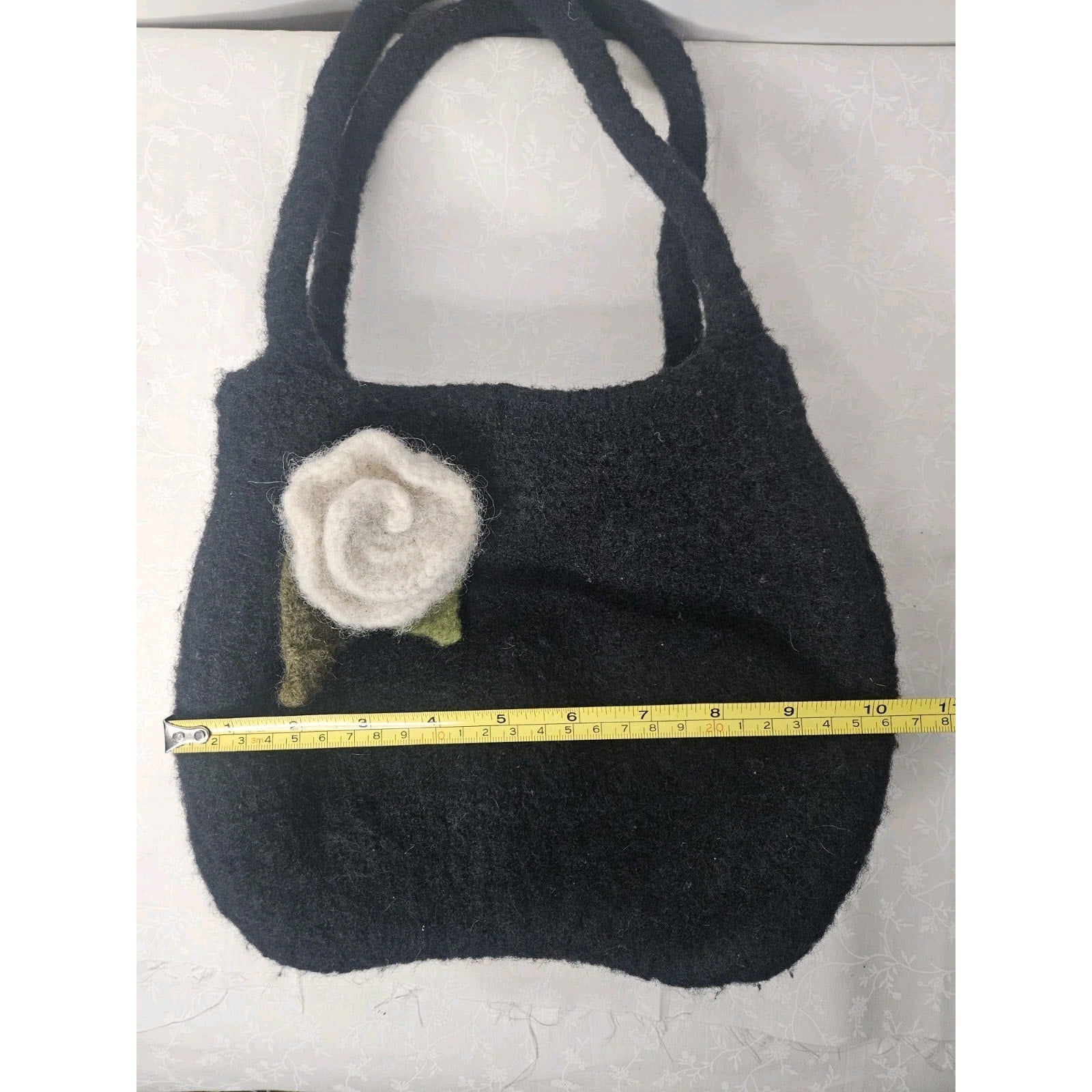 Vintage Wool Tote Bag Black w White Flower Accent Cottage Handbag Grannycore