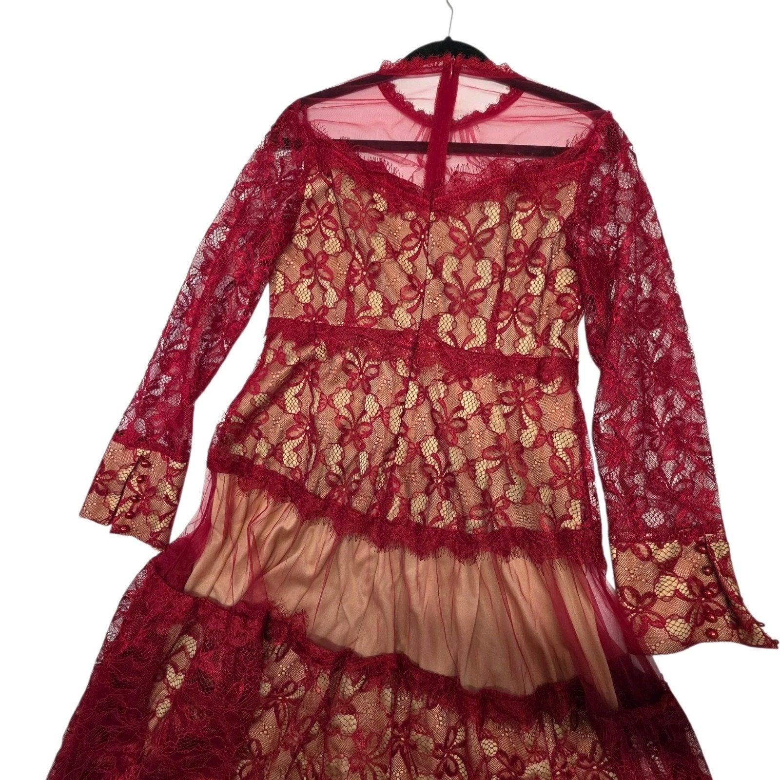 Sheer Mesh Contrast Lace Hollow Embroidered Mesh Waist-Cinched Maxi Large Red Dress