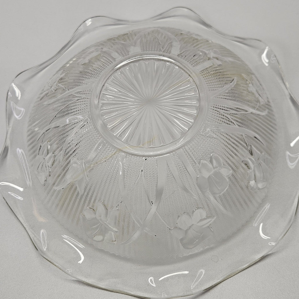 Vintage Iris and Herringbone Jeanette Glass Bowl Fluted Edge Retro Clear Glass