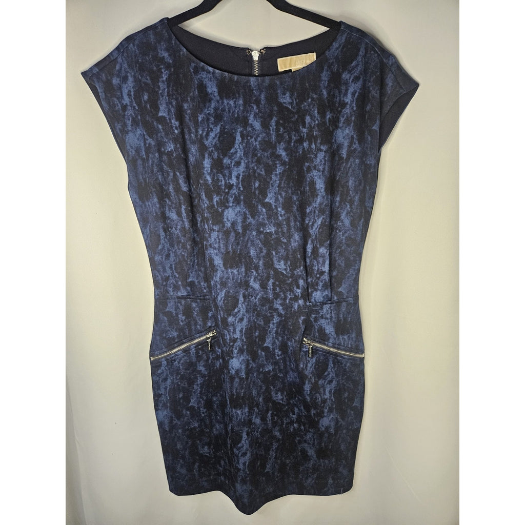 Michael Kors Michael Blue Black Short Sleeve Zip Pocket Sheath Midi Dress US 10
