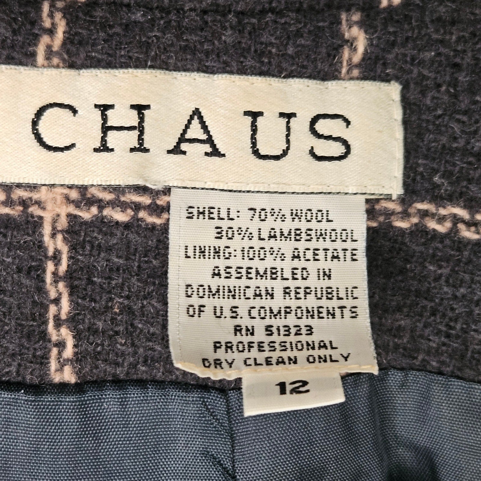 Chaus Women's Black Vintage Plaid Lambs Wool Double Breasted Career Blazer Sz 12