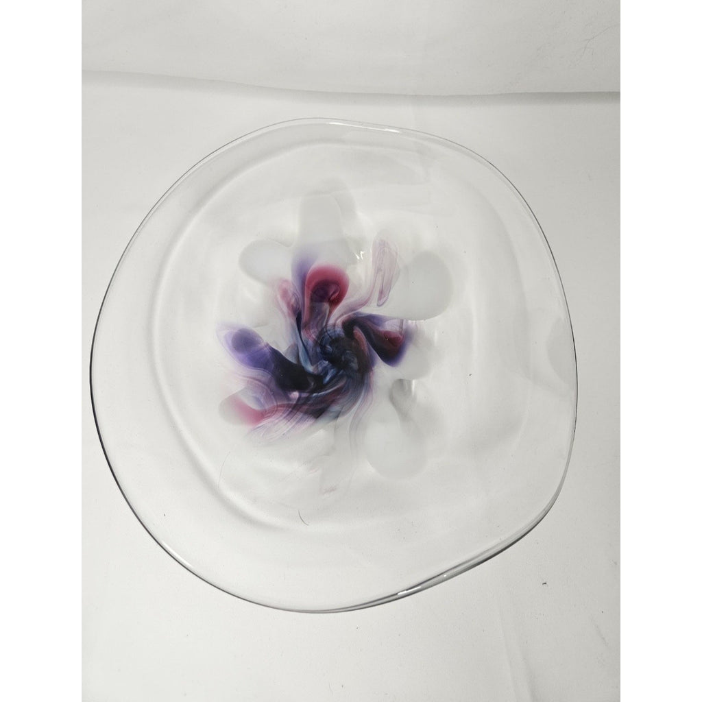 Vintage Signed Studio Art Glass Bowl Mid Century Modern Studio Clear Purple Whit