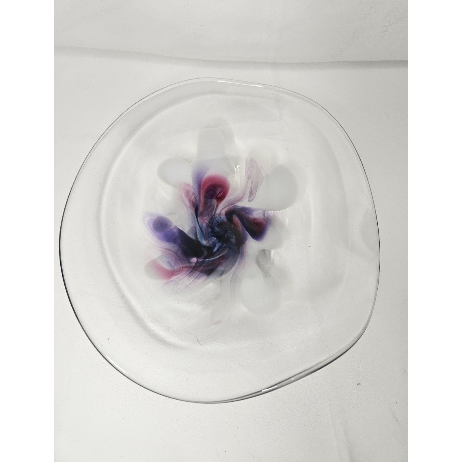 Vintage Signed Studio Art Glass Bowl Mid Century Modern Studio Clear Purple Whit