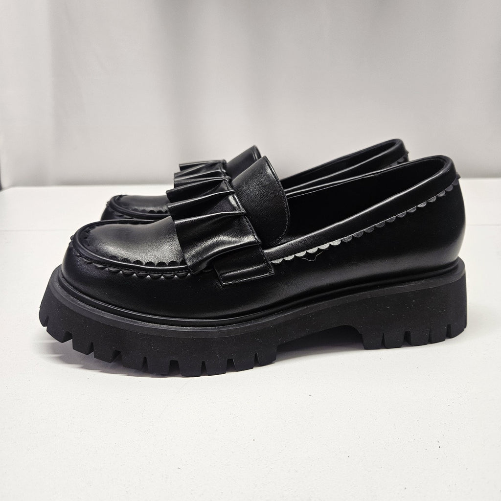 Koi Willow Ruffle Slip On Loafers Vegan Leather Black Sz 8 NWOT Box Goth Grunge