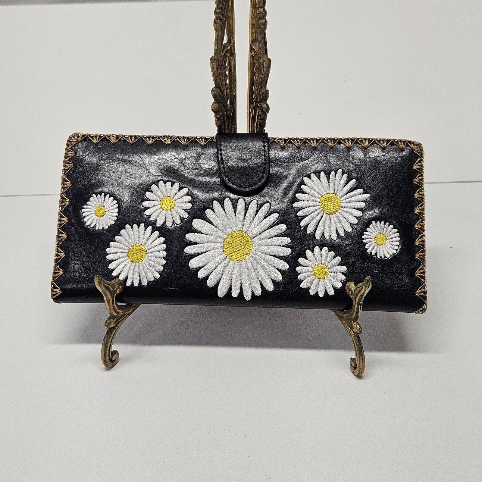 Lavishy Black Travel Folding Wallet Daisy Flowers Hippy Love Flower Checkbook