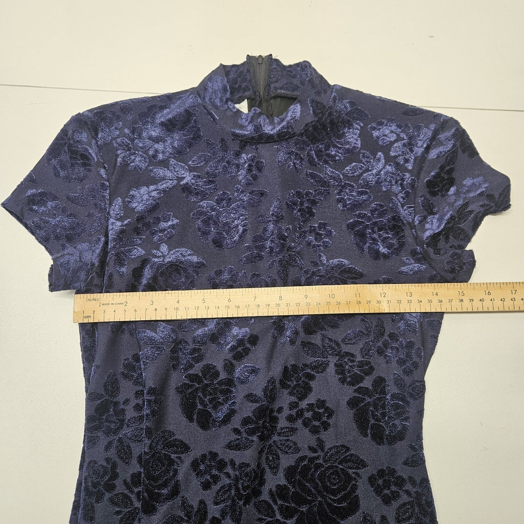 Vtg 90s Blondie & Me Navy High Neck Short-Sleeved Maxi Dress Gothic Floral Small