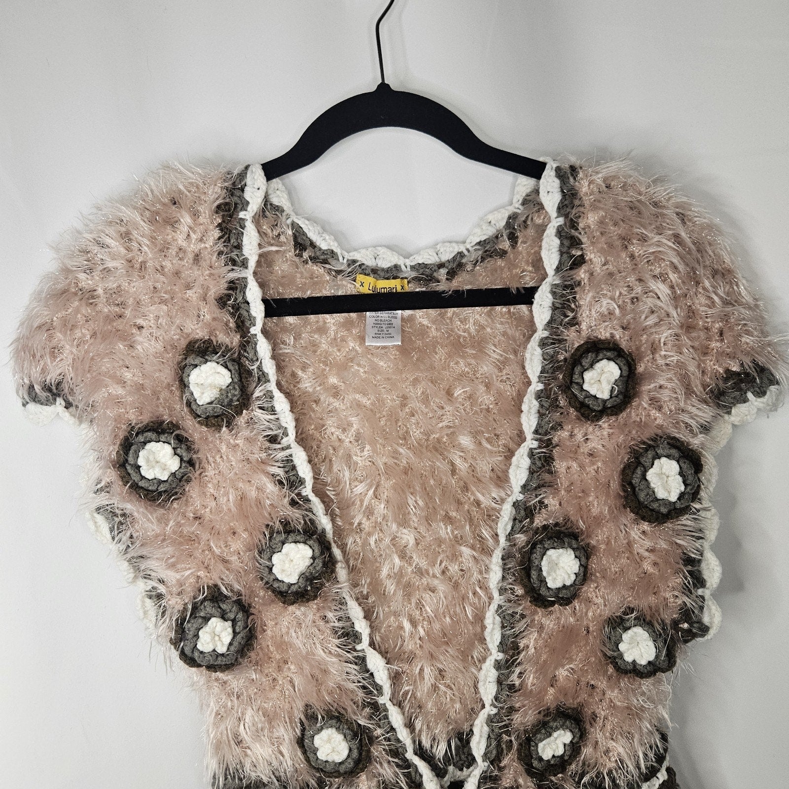 LULUMARI Fluffy Crochet Vest with Floral Pattern Size Medium Boho Festival