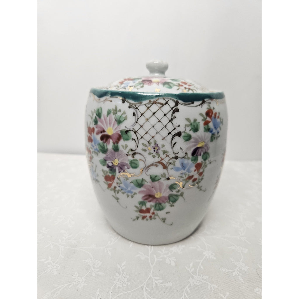 Vintage LJ Japan Ginger Jar Style Vase Art Nouveau Floral Gold Accents 4.5" Tall