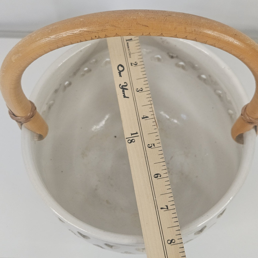 Vtg Heart Pottery Basket Wood Handle Wrapped 5" Ceramic Bowl Trinket Decorative