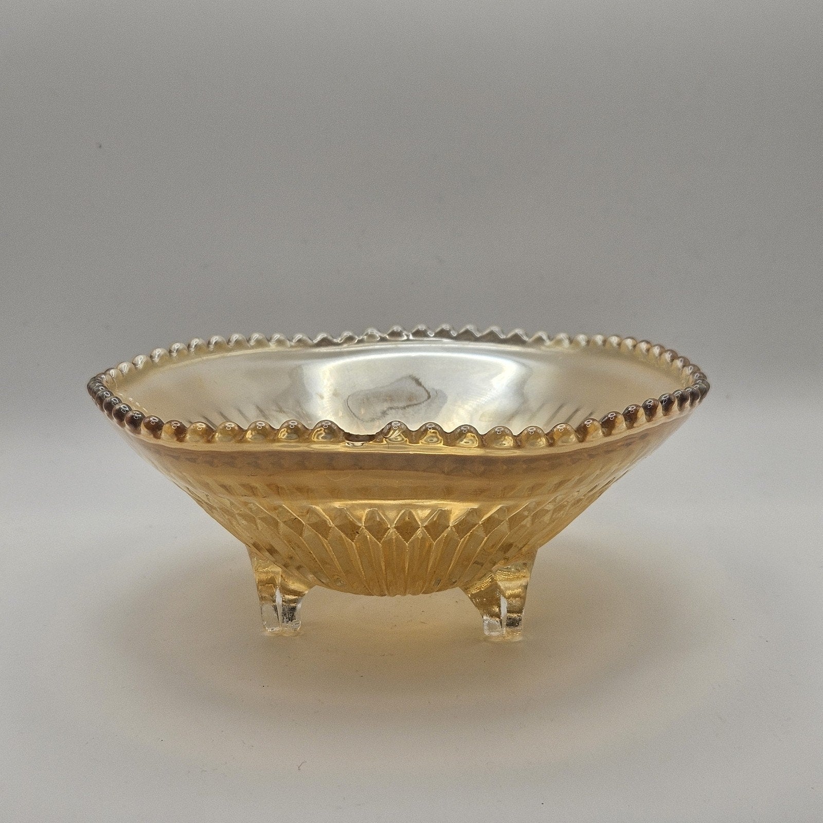 Vtg Carnival Glass Candy Dish Amber Three Footed Beaded Rim Diamond Pointed Ribs