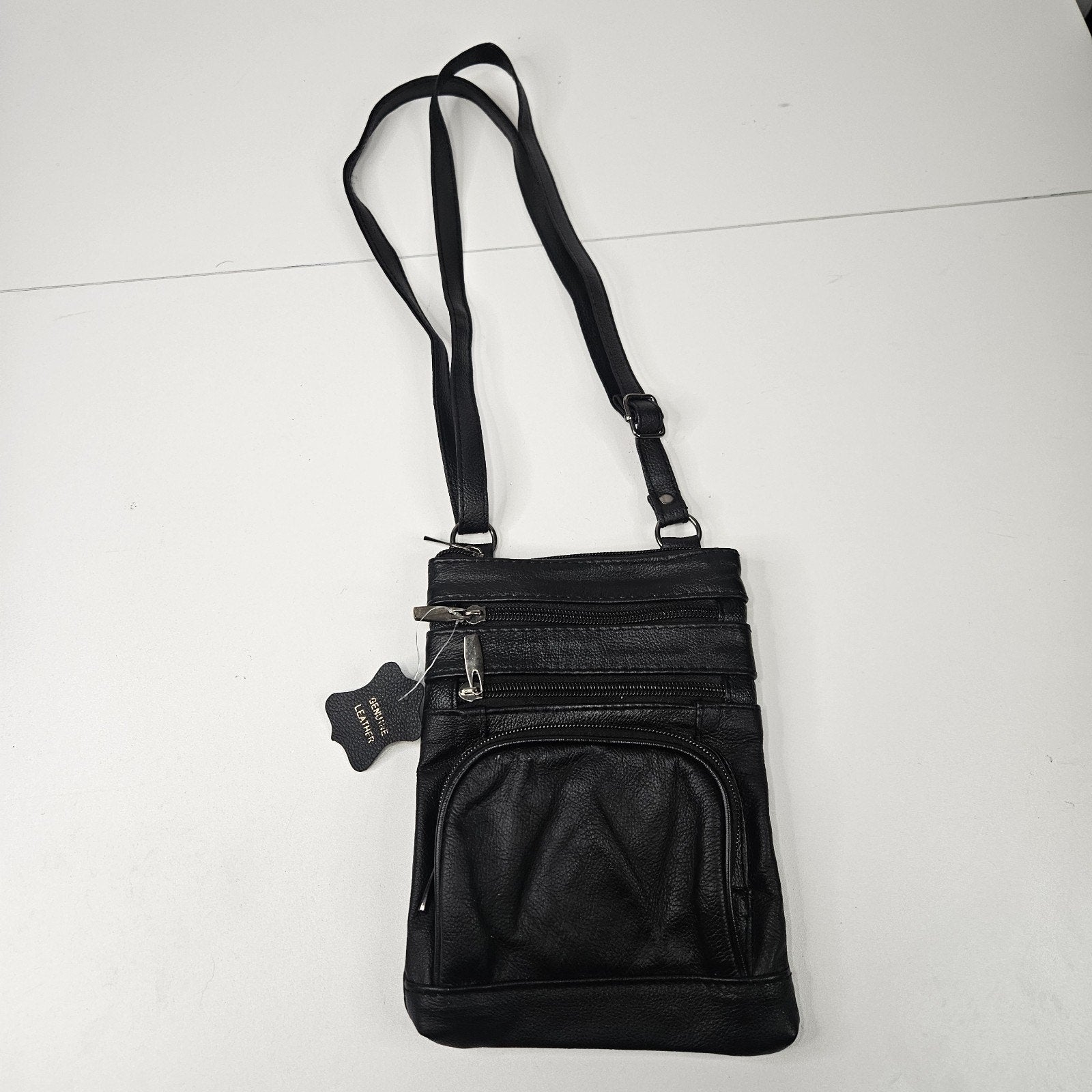 Vtg Genuine Leather Small Crossbody Multi-Compartment Organizer Bag Black 8x6"