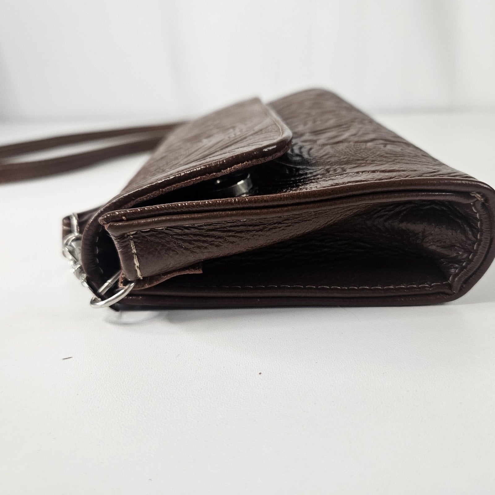 Floral Embossed Envelope Crossbody Wristlet Bag Brown Faux-Leather Western Purse