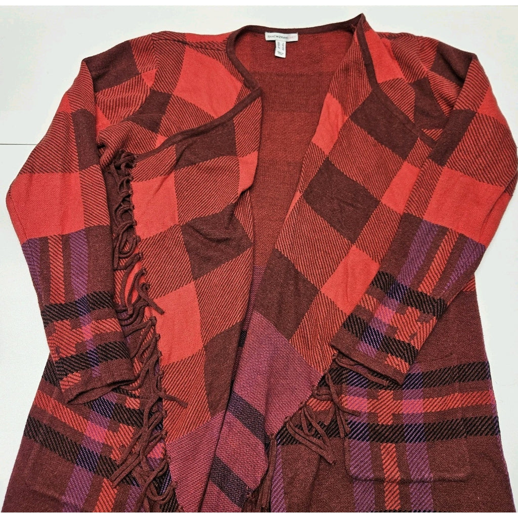 Isaac Mizrahi Red Multi Plaid Fringe Trim Open Front Cardigan Sweater Small
