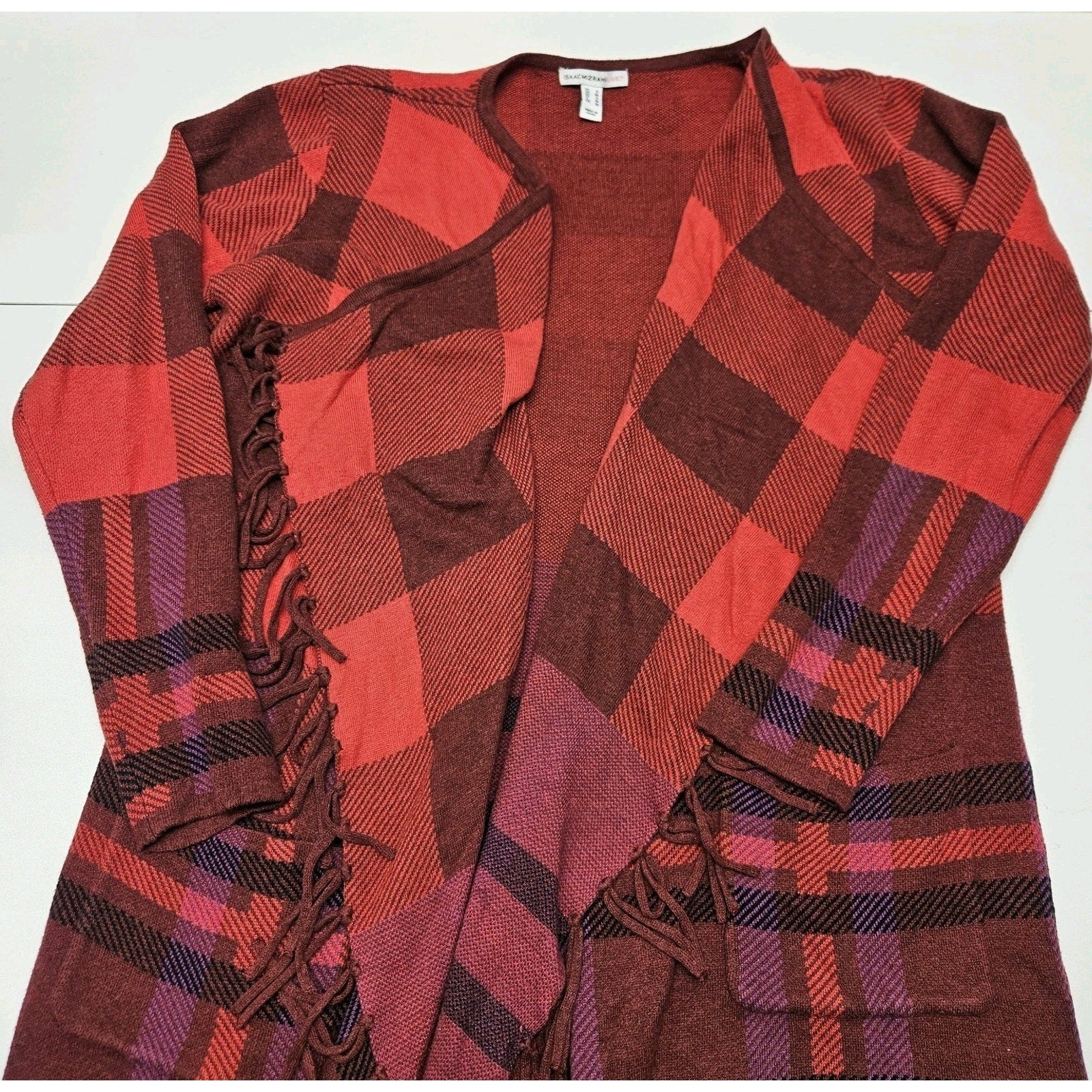 Isaac Mizrahi Red Multi Plaid Fringe Trim Open Front Cardigan Sweater Small