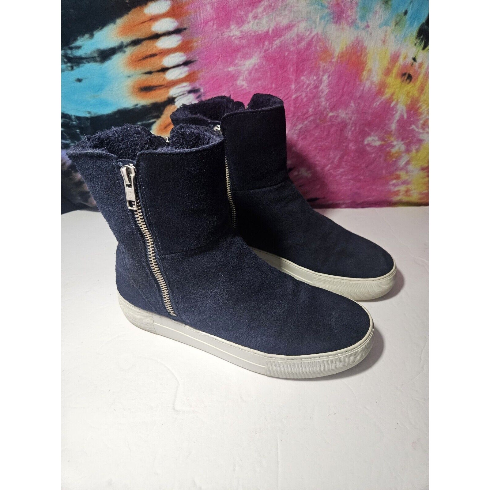 J/Slides NYC Navy Blue Suede Leather Platform Boots Size 7 Zipper Boot Shoes