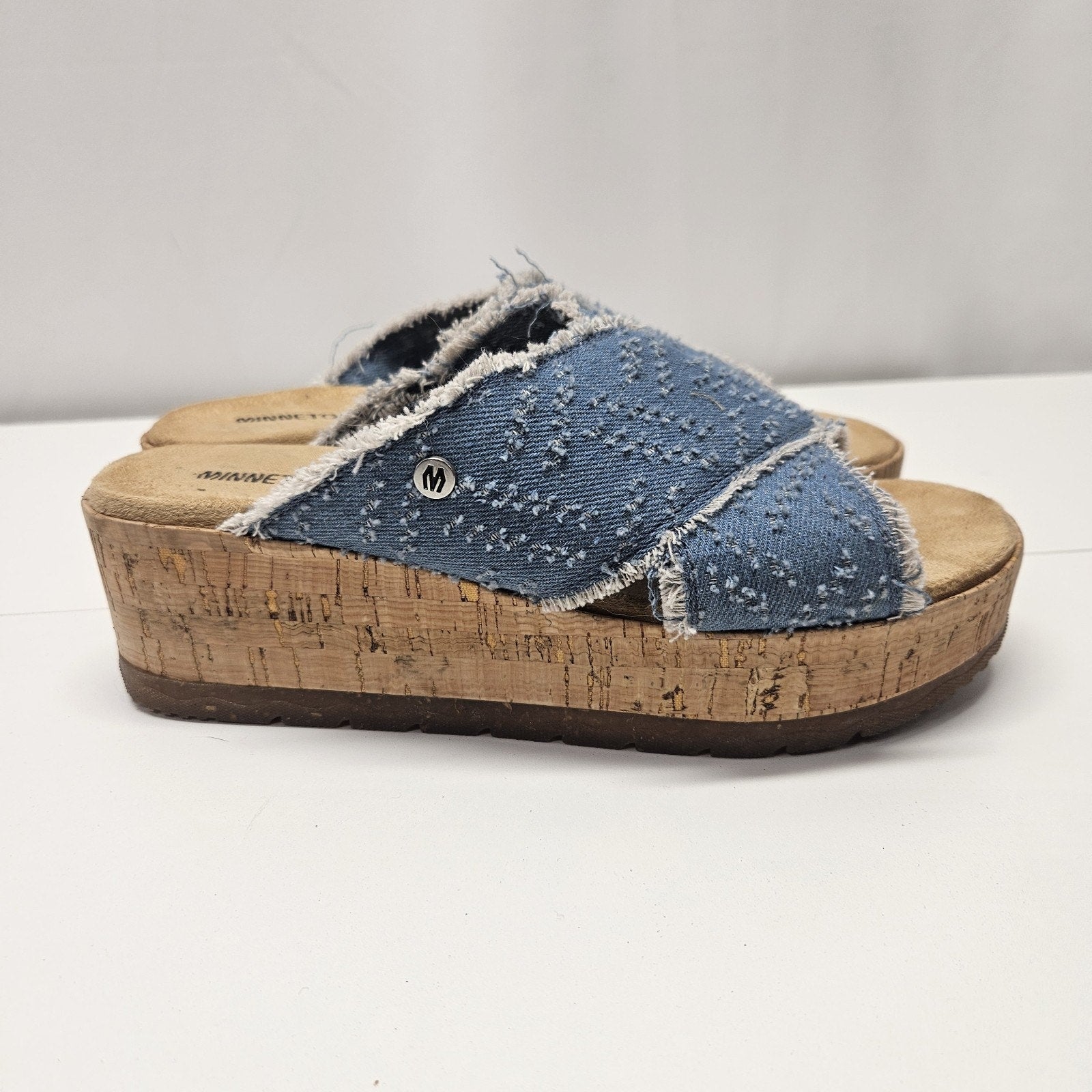 Minnetonka Posey Wedge Sandals Denim Slip On Platforms Size 9 Preppy Y2K Grunge