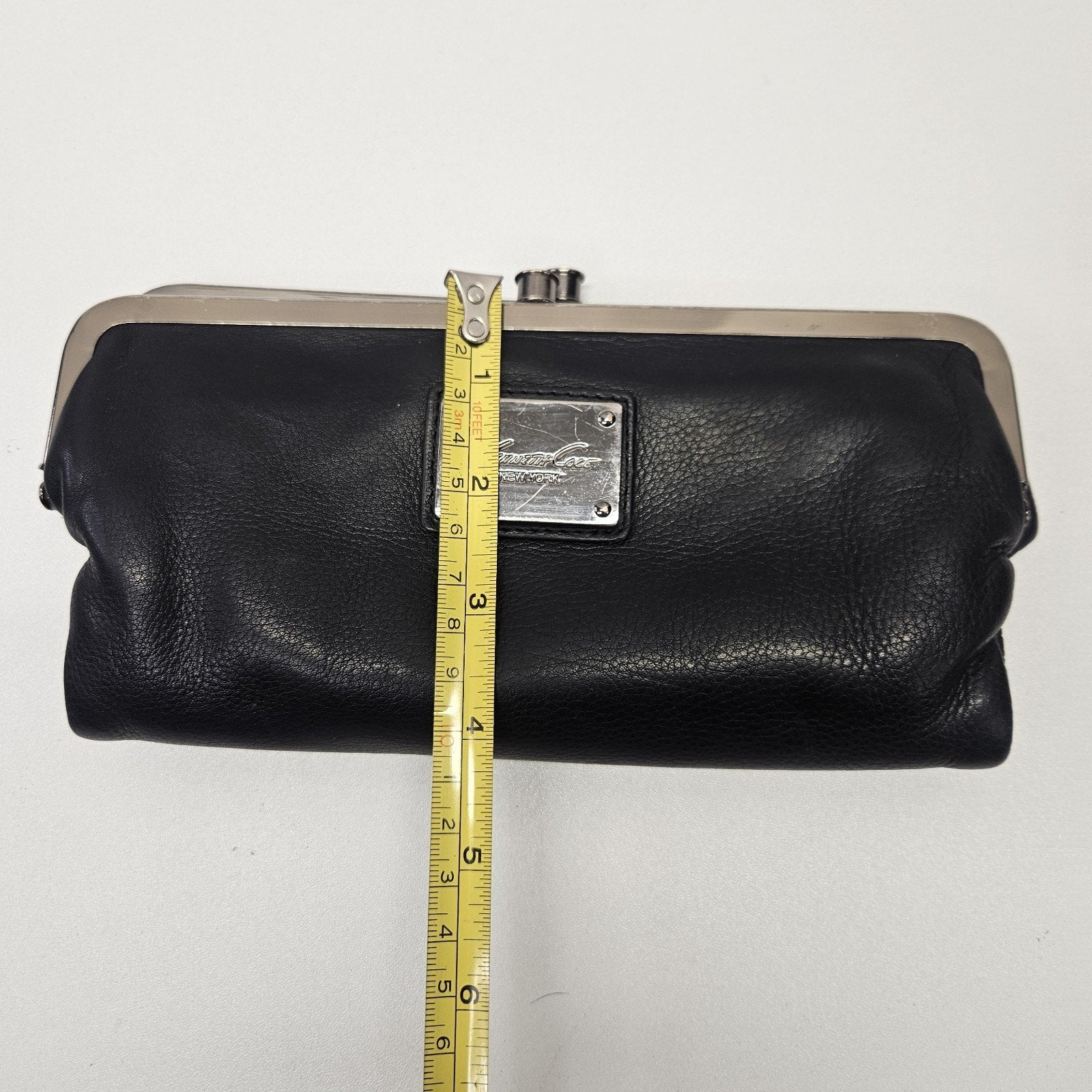 Kenneth Cole New York Wallet Clutch Black Buttery Leather Double Kiss Lock Close