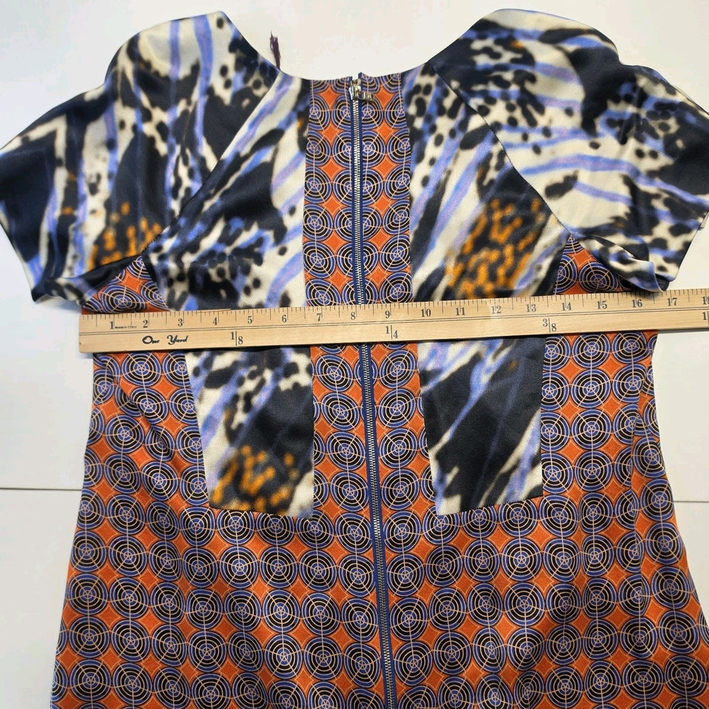 RACHEL ROY Collection Multicolored Patch Pattern Silk V Neck Sheath Dress Sz 8