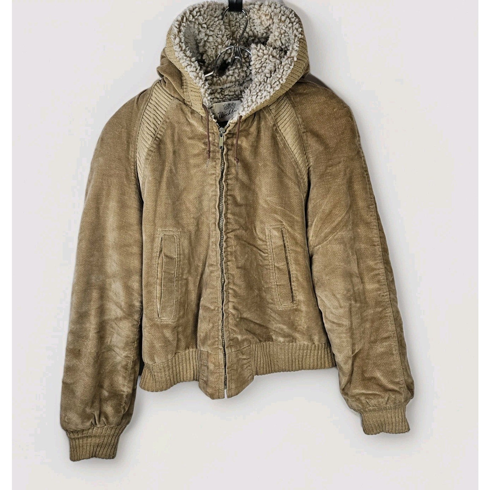 Vtg 70s Wickbury Leather Sherpa Lined Hooded Bomber Jacket Medium Tan Western