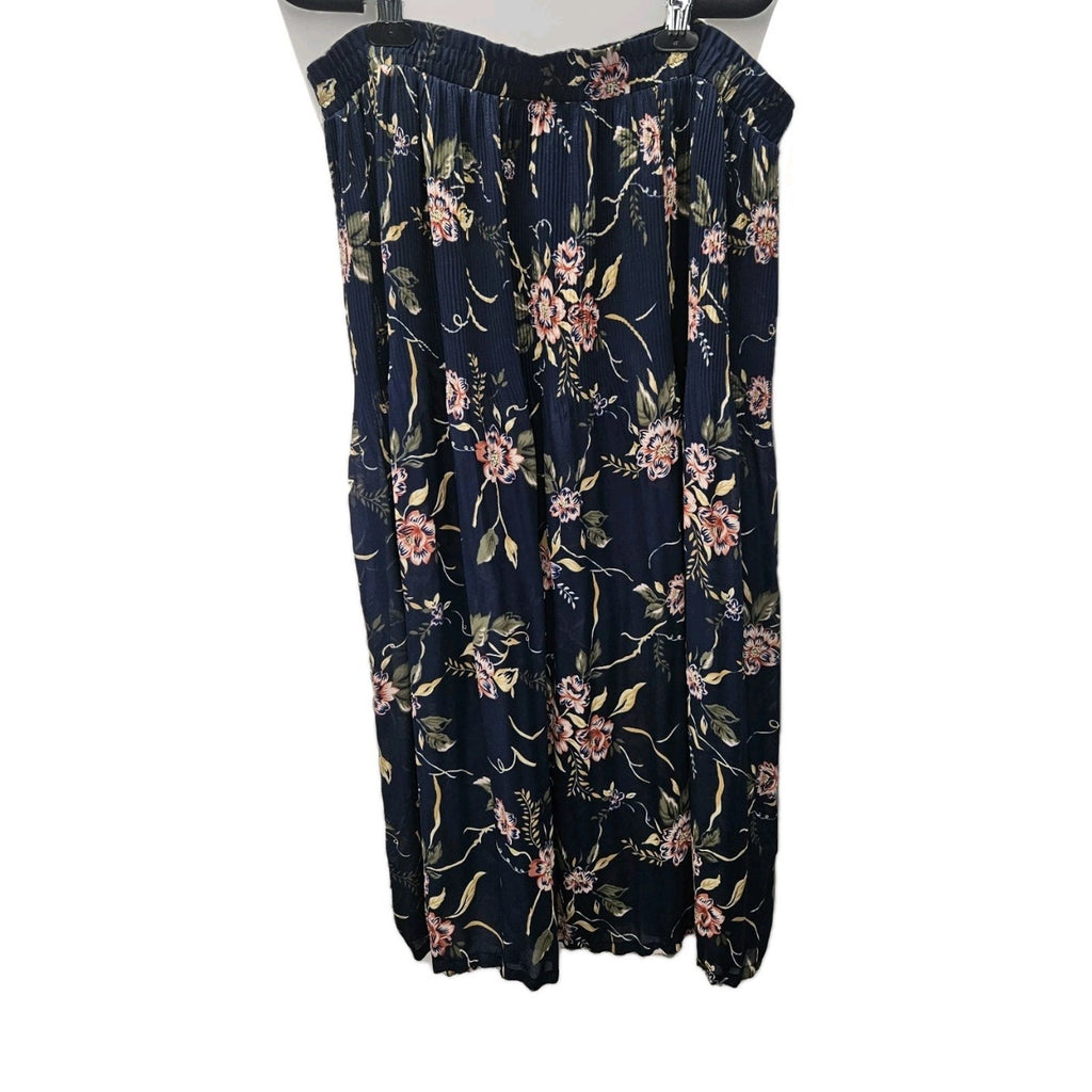 Sag Harbor Woman Navy Floral Crinkle Pleated Skirt Elastic Waist Sheer Sz Large