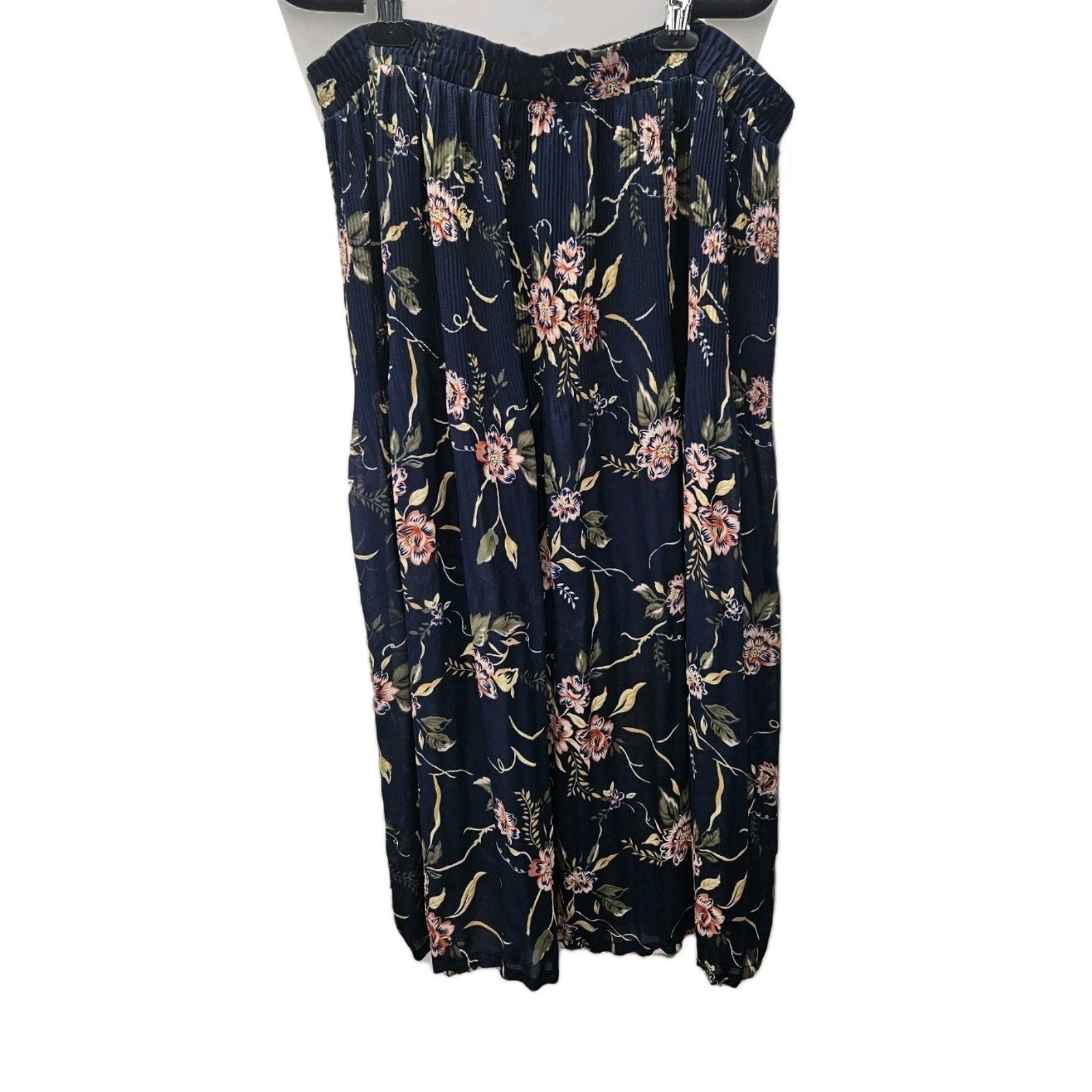 Sag Harbor Woman Navy Floral Crinkle Pleated Skirt Elastic Waist Sheer Sz Large