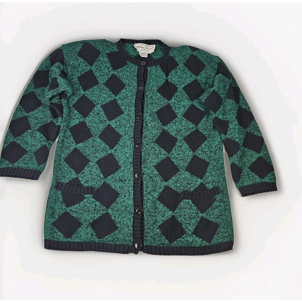 Vtg 90s Knit Cardigan Sweater Womens Small Boho Cottage Green Navy Checkered