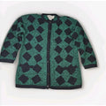 Vtg 90s Knit Cardigan Sweater Womens Small Boho Cottage Green Navy Checkered